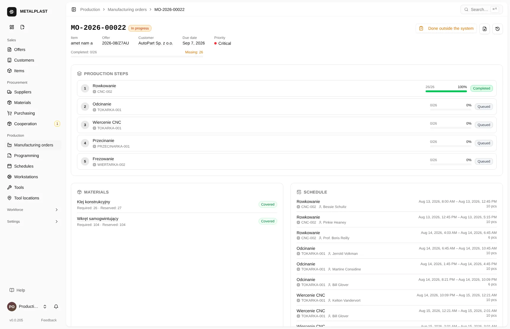 Production order card in Torwio: process steps, progress and material coverage