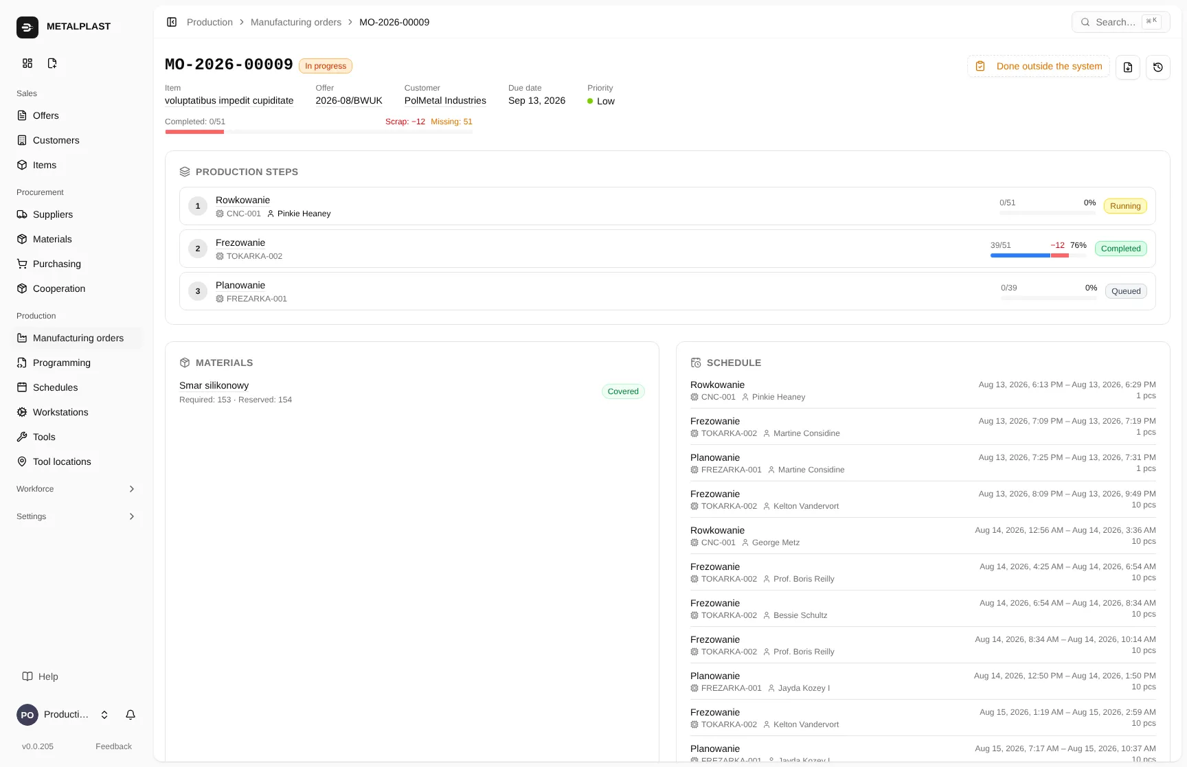 Torwio job card with reported operation runs